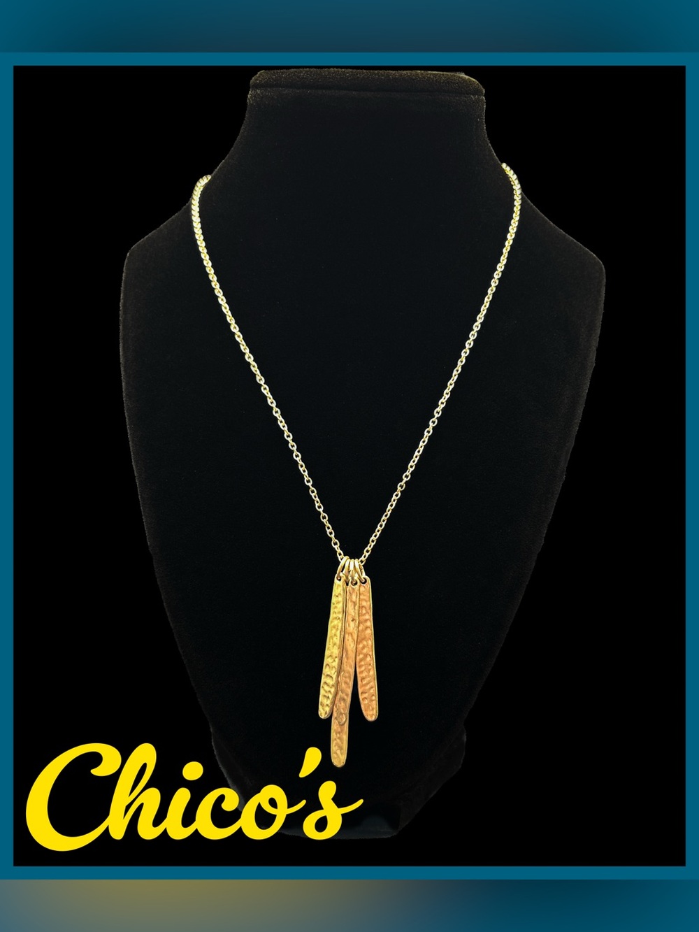 Chico's Gold Tone Hammered Multi-Pendant Necklace, Organic Stick Fringe